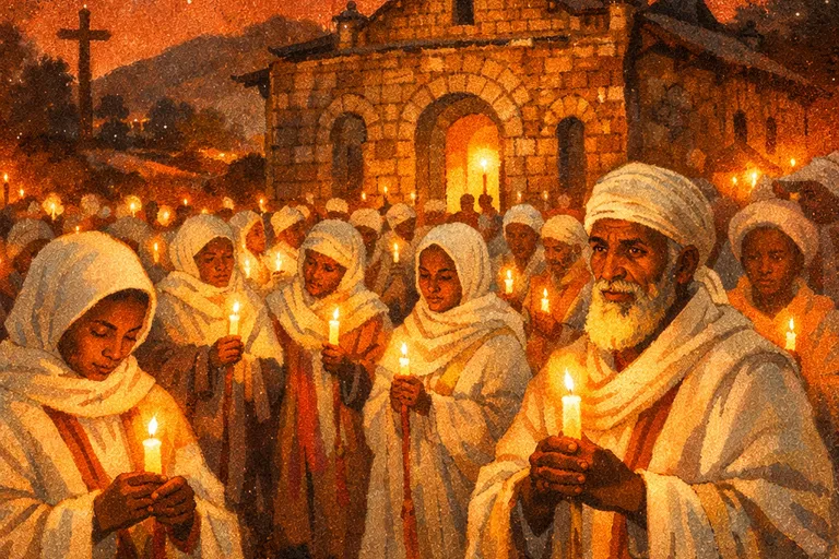 Ethiopian Orthodox Christians in white robes celebrating Ganna on Christmas Eve