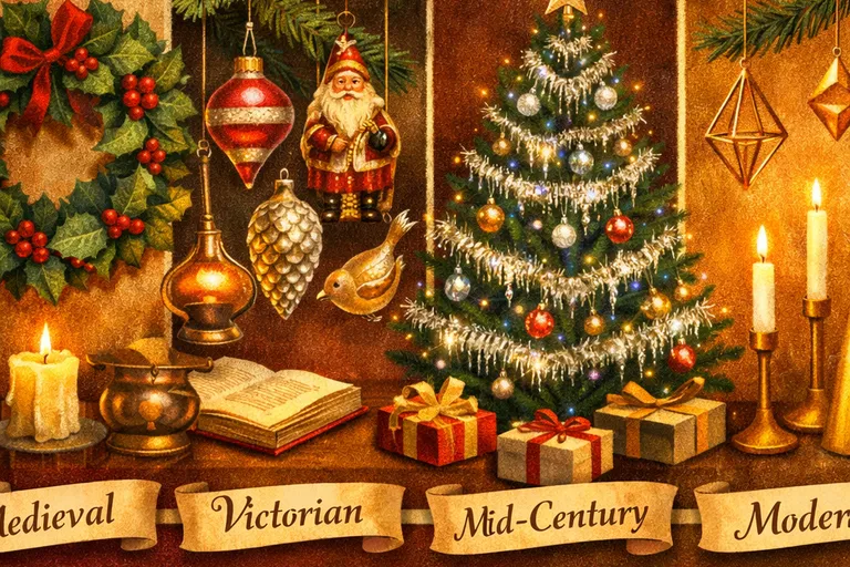 Evolution of Christmas decorations from medieval holly to modern minimalist gold decor