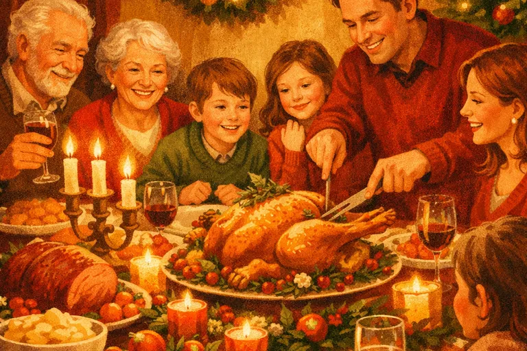 Family sitting down to a festive Christmas dinner after the fast