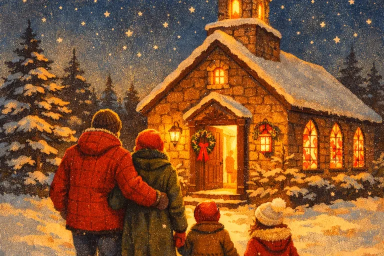 Family walking toward a warmly lit church on a snowy Christmas Eve night