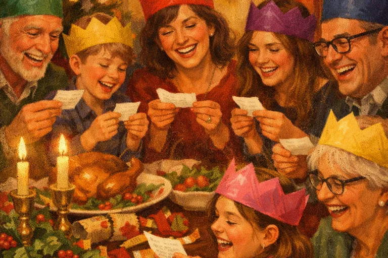 Family wearing paper crowns and reading Christmas cracker jokes at dinner