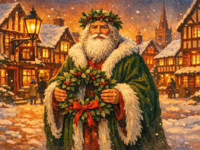 Father Christmas in traditional green robes standing in a snowy English village