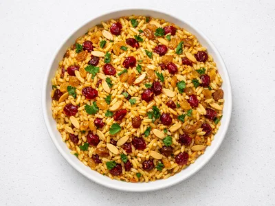 Festive Christmas rice pilaf with cranberries and toasted almonds in a white serving bowl