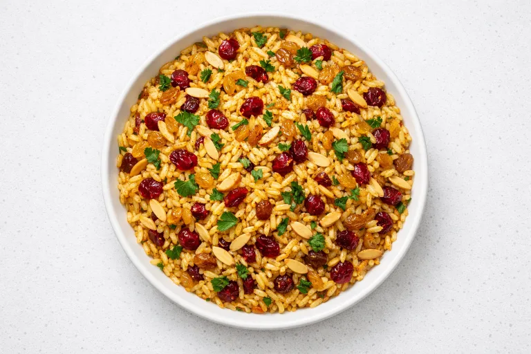 Festive Christmas rice pilaf with cranberries and toasted almonds in a white serving bowl