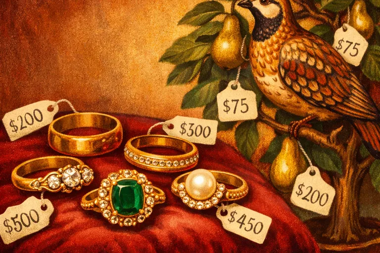 Five gold rings on velvet cushion with a pear tree and partridge, illustrating the cost of Twelve Days of Christmas gifts