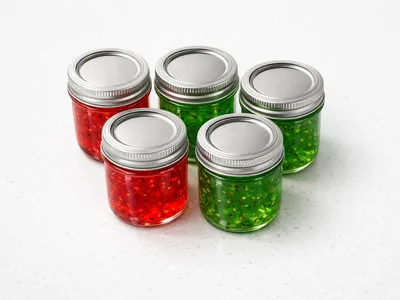 Five mason jars of Christmas pepper jelly in red and green colors on a white surface