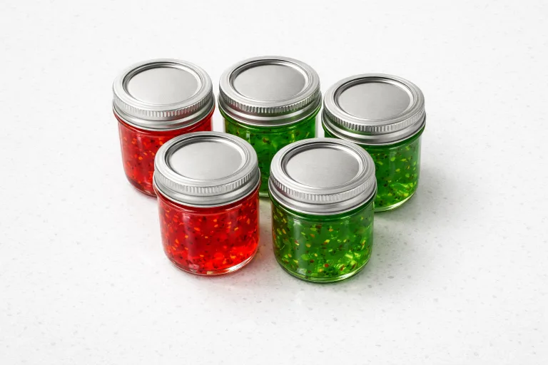 Five mason jars of Christmas pepper jelly in red and green colors on a white surface