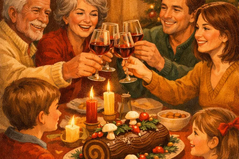 French family celebrating Christmas Eve with a Buche de Noel yule log cake