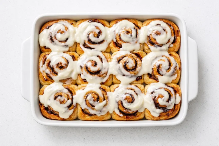 Freshly baked Christmas cinnamon rolls with cream cheese frosting in a white baking dish