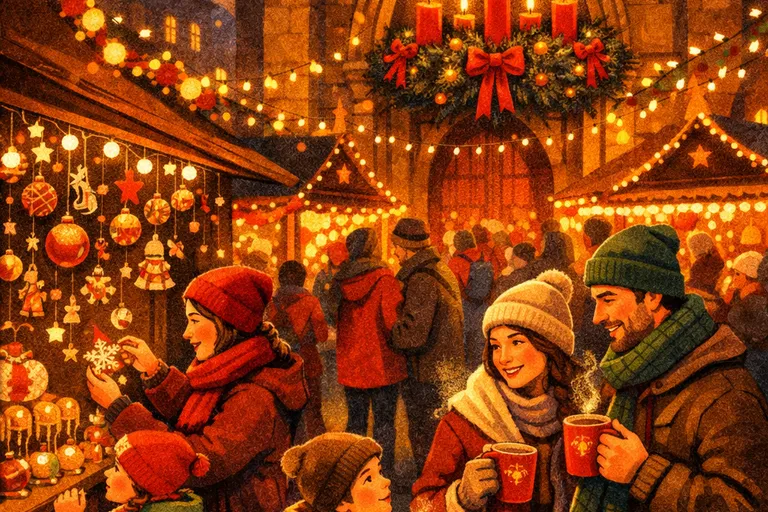German Christmas market at twilight with Advent wreath on church entrance