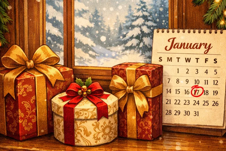 Gift boxes on a windowsill with a January calendar marking Epiphany