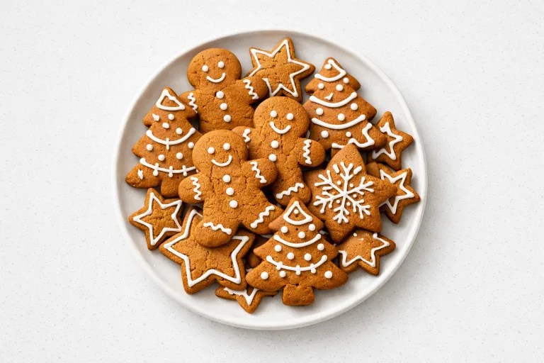 Classic gingerbread cookies decorated with white royal icing in assorted Christmas shapes on a white plate