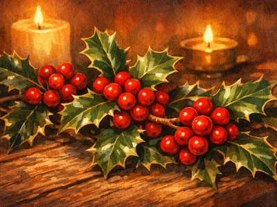 Glossy holly branches with red berries arranged on a wooden surface in warm candlelight