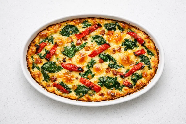 Golden-brown make-ahead egg casserole with spinach, roasted red peppers, and melted Gruyere in a white oval baking dish