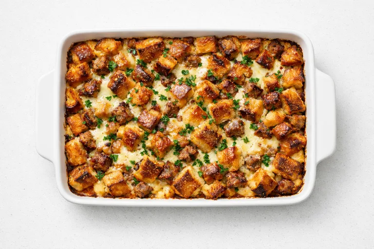 Golden Christmas morning strata fresh from the oven in a white baking dish, with crispy bread top and melted Gruyere cheese