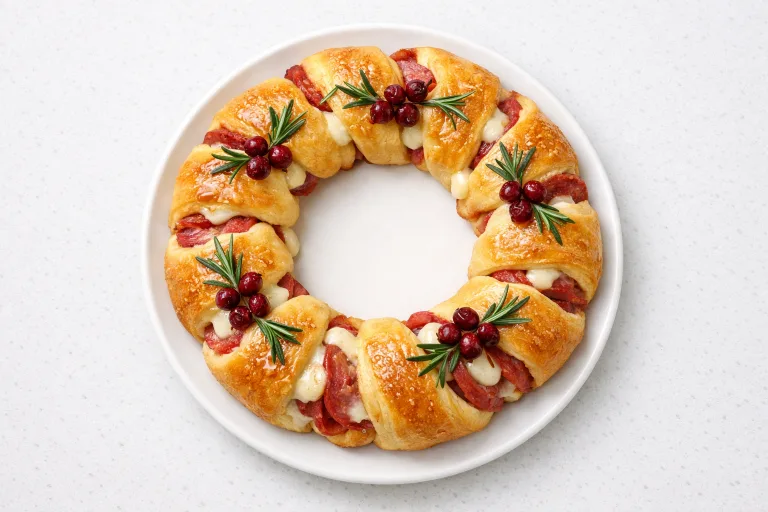 Golden Christmas wreath stromboli made from crescent roll dough with salami and mozzarella filling, garnished with rosemary and cranberries