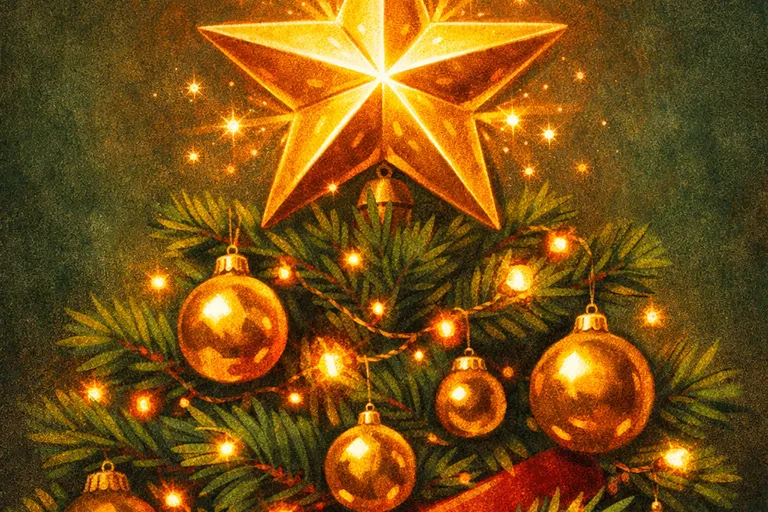 Golden star tree topper glowing among gold ornaments and warm fairy lights