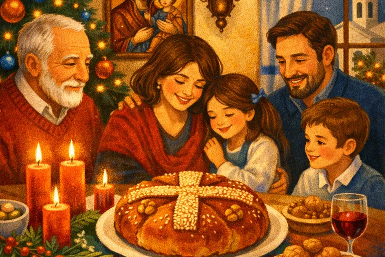 Greek Orthodox Christmas table with traditional Christopsomo bread