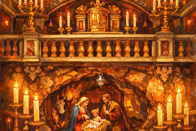 Grotto chapel beneath Santa Maria Maggiore in Rome with nativity scene and golden mosaics