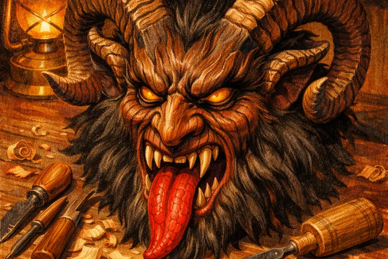 Hand-carved wooden Krampus mask with horns and red tongue on a workshop table