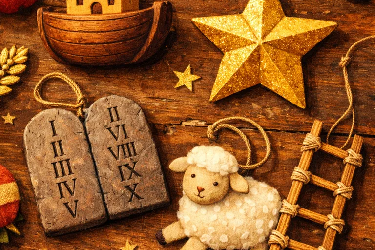 Handcrafted Jesse Tree ornaments including an ark, star, tablet, lamb, and ladder displayed on a wooden table