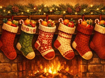 Handknit Christmas stockings hanging from a fireplace mantel filled with gifts and oranges