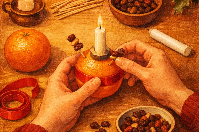 Hands assembling a Christingle on a kitchen table with orange, red ribbon, cocktail sticks, raisins, and candle components