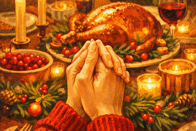 Hands clasped in prayer over a festive Christmas dinner table with candles and holiday decorations
