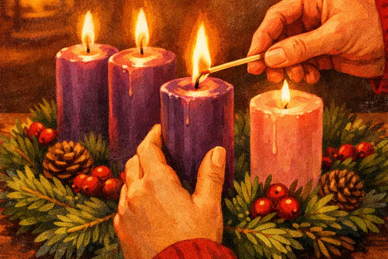 Hands lighting the third candle on an Advent wreath with purple and pink candles