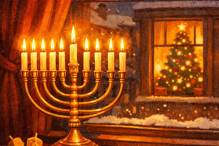 Hanukkah menorah glowing in a window with a Christmas tree faintly visible in a neighboring window