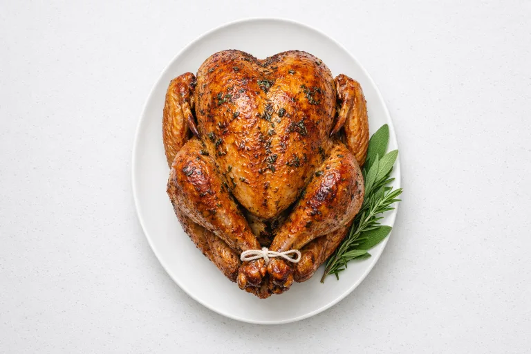 Herb butter roast turkey with crisp golden skin on a white serving platter