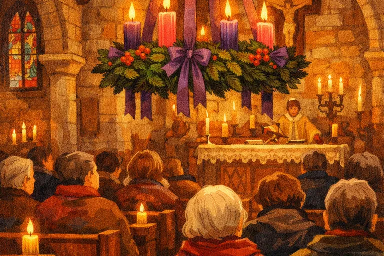 Historic church interior during an Advent candlelight service