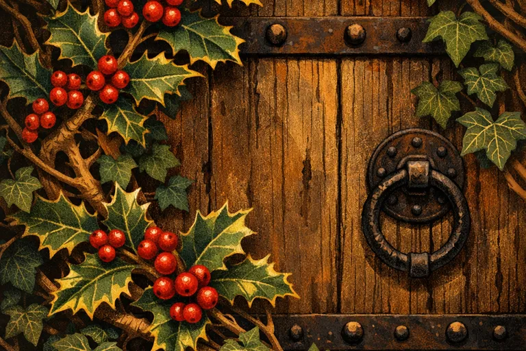 Holly and ivy intertwined against a medieval wooden door