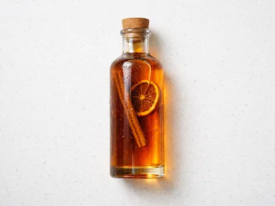 Homemade Christmas liqueur in a clear glass bottle with cinnamon stick and dried orange, amber-golden color