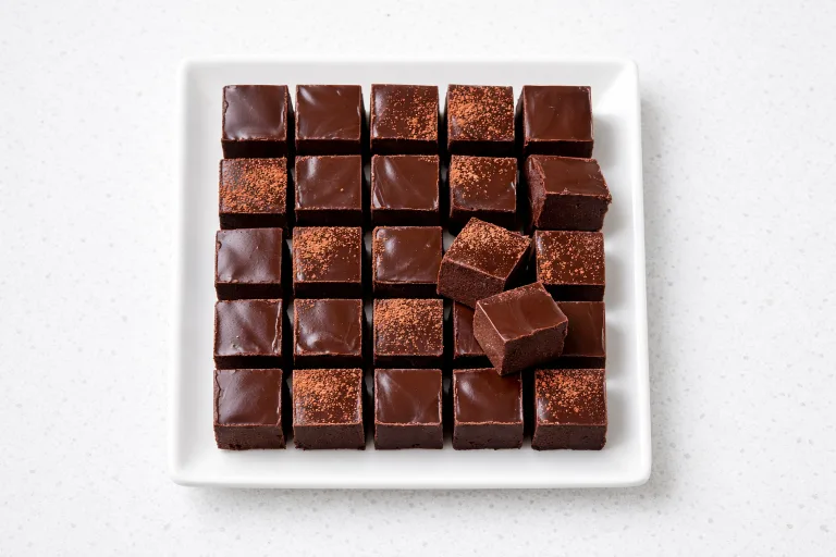 Homemade old fashioned Christmas chocolate fudge pieces stacked on a white plate