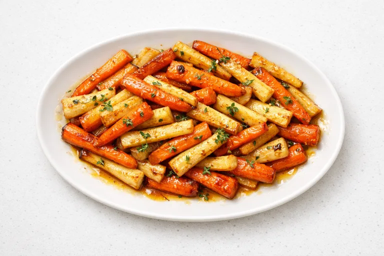 Honey glazed carrots and parsnips on a white serving platter garnished with fresh thyme