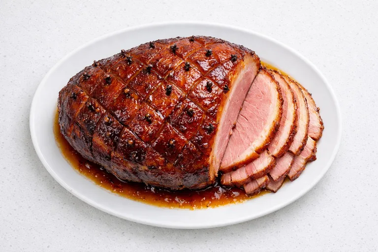 Honey-glazed Christmas ham with brown sugar and cloves on a white serving platter