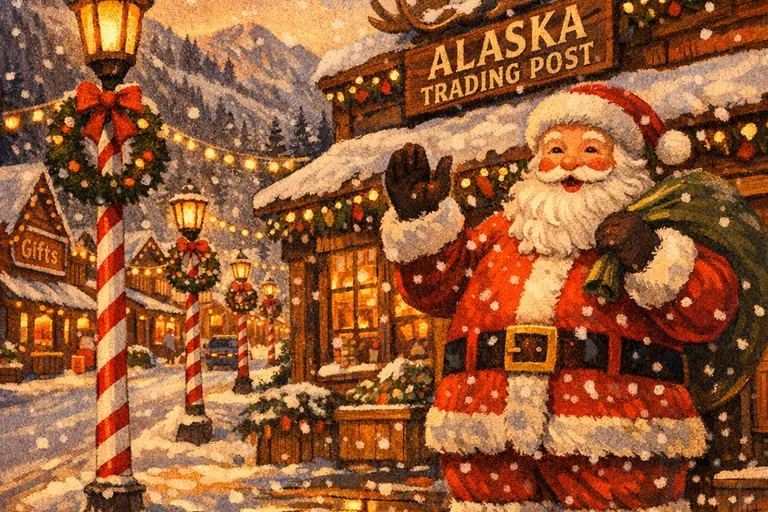 Illustrated North Pole, Alaska town with candy cane street lights and a Santa statue on a snowy main street