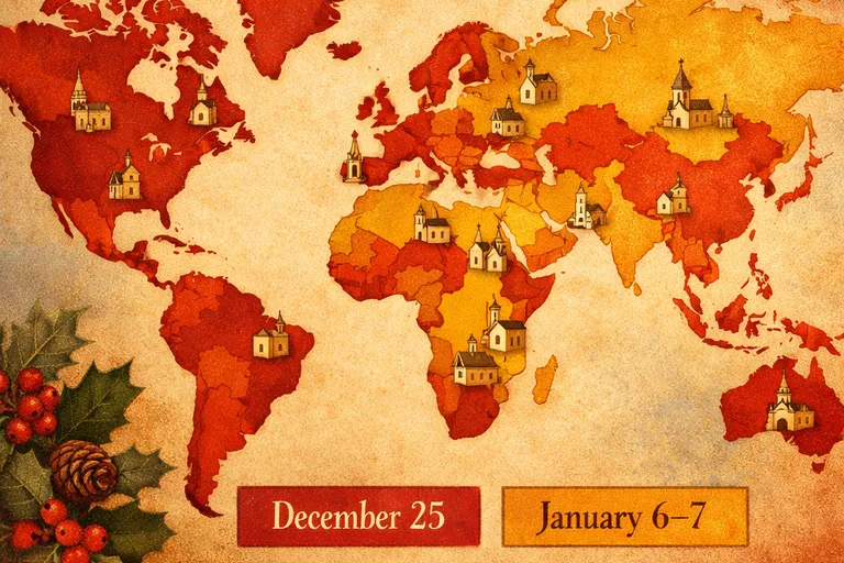 Illustrated world map showing different Christmas celebration dates across Christian traditions