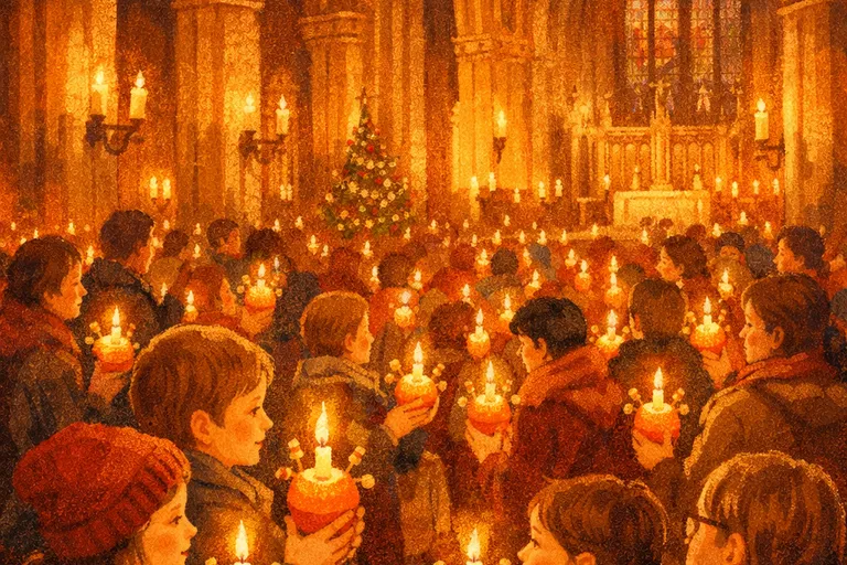 Interior of an English cathedral filled with families holding glowing Christingles during a candlelit service