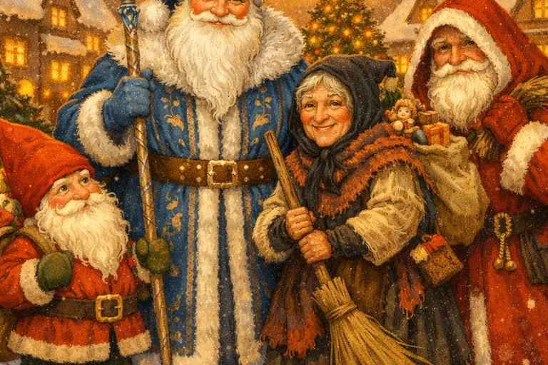 International Christmas gift-bringers including Jultomten, Ded Moroz, La Befana, and Pere Noel gathered in a snowy square