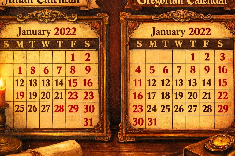 Julian and Gregorian calendars showing the thirteen-day difference for Christmas