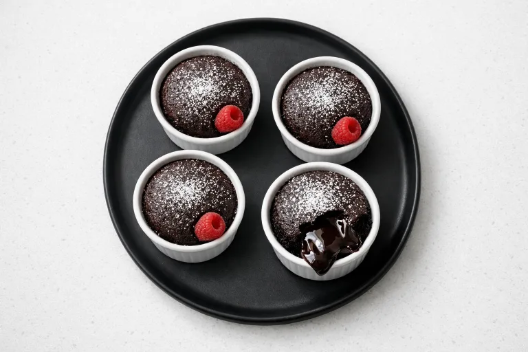Keto Christmas lava cakes with molten chocolate center in white ramekins, dusted with powdered erythritol