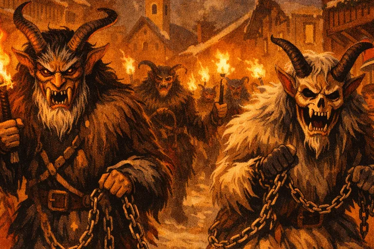 Krampuslauf procession with costumed Krampus figures marching through an Austrian village at night