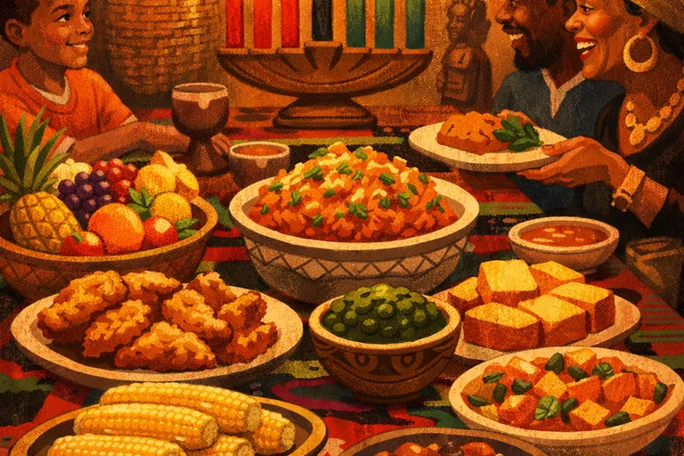 Kwanzaa Karamu feast table with traditional foods and lit kinara