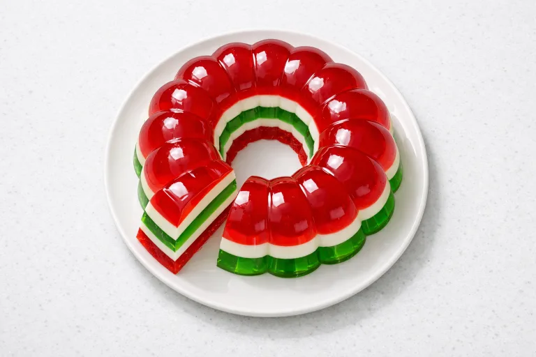 Layered Christmas jello in a bundt mold showing red green and white layers on a white plate