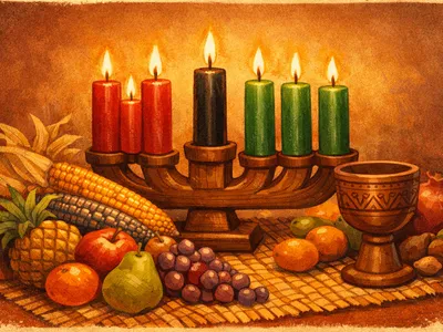 Lit kinara candle holder with red, black, and green candles surrounded by Kwanzaa symbols on a woven mat