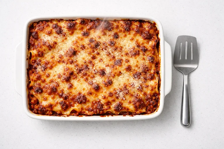 Make-ahead christmas lasagna in a white ceramic baking dish, top layer golden and bubbling with meat ragu and melted mozzarella