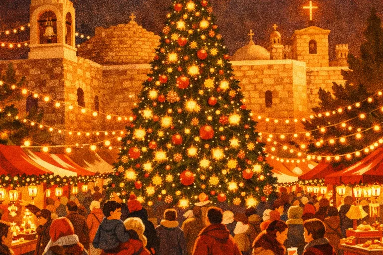 Manger Square in Bethlehem at night with Christmas tree, crowds, and the Church of the Nativity