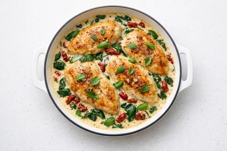 Marry me chicken in a cream sauce with sun-dried tomatoes and spinach in a white skillet